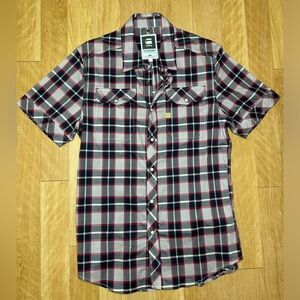 G-Star Raw plaid button up shirt short sleeve snap buttons red blue Mens Large